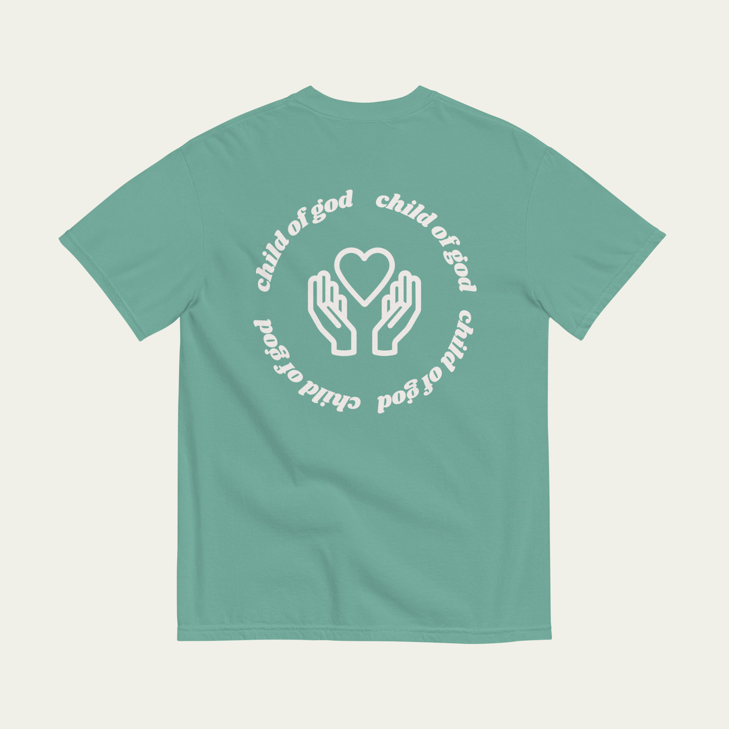 rear print child of god heart in hands tee- seafoam, light green