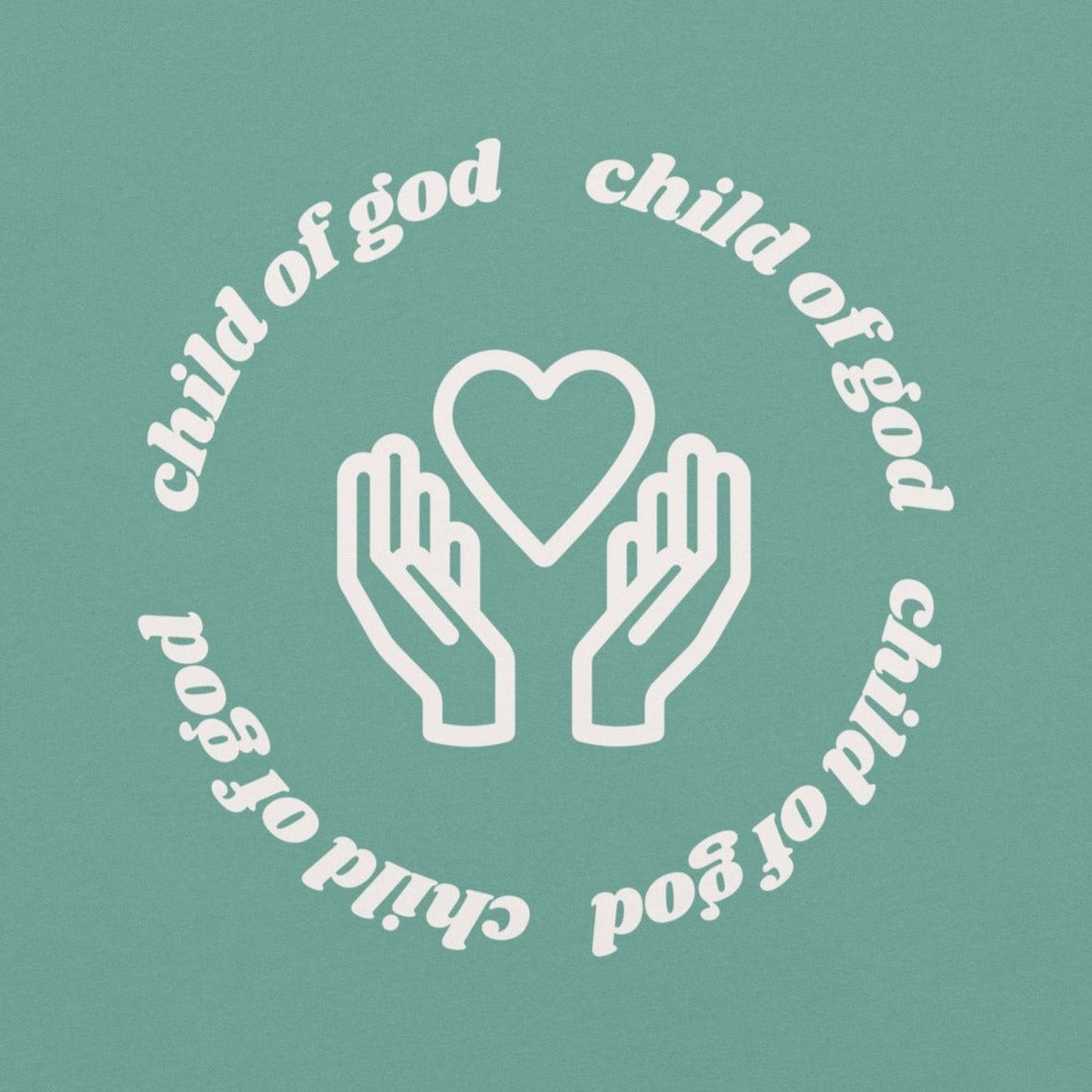 rear print closeup child of god heart in hands tee- seafoam