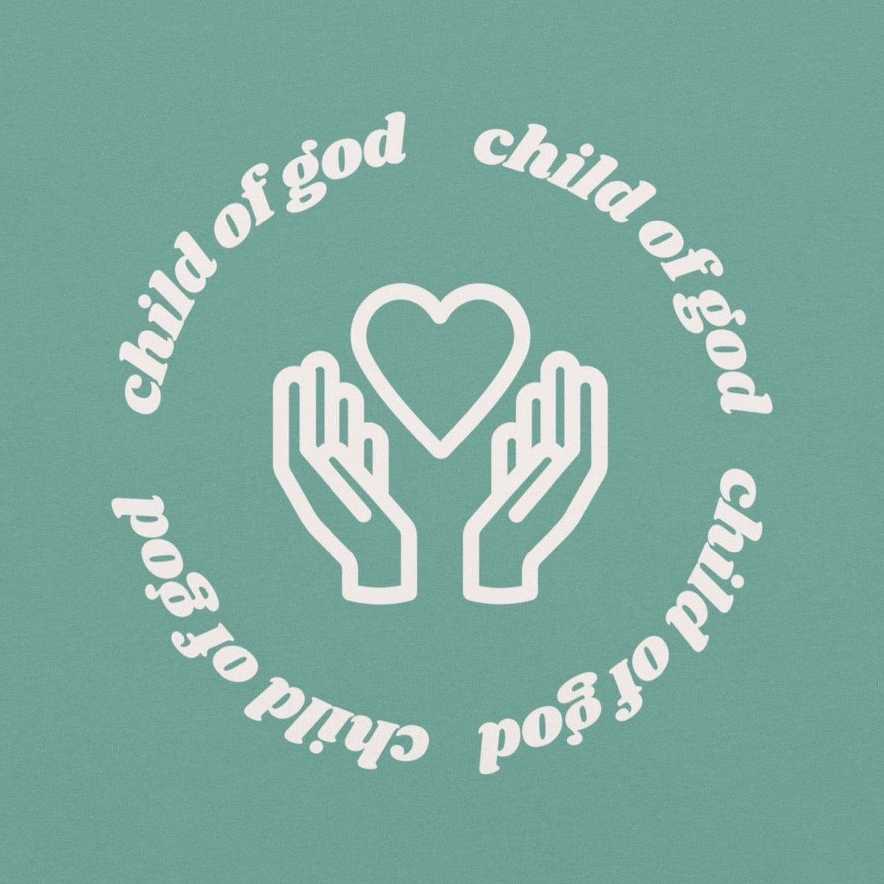 rear print closeup child of god heart in hands tee- seafoam